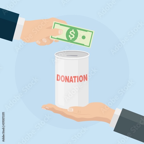 Hand putting coin, cash in jar. Donate, giving money, charity, volunteering concept. Donation box isolated on background.