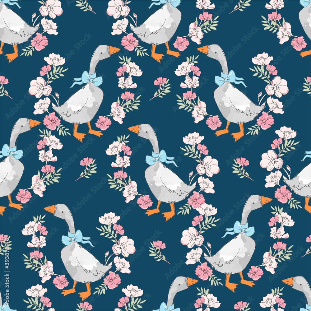 Seamless pattern hand drawn cute goose and flowers vector illustration ...