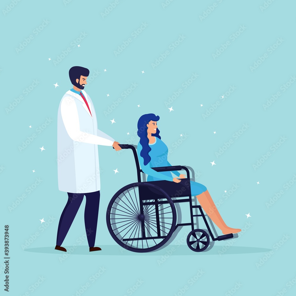Doctor or nurse with wheelchair for senior patient, disabled people. Medical insurance, support, examination in hospital. Vector cartoon design Doctor or nurse with wheelchair for senior patient, disabled people. Medical insurance, support, examination in hospital. Vector cartoon design