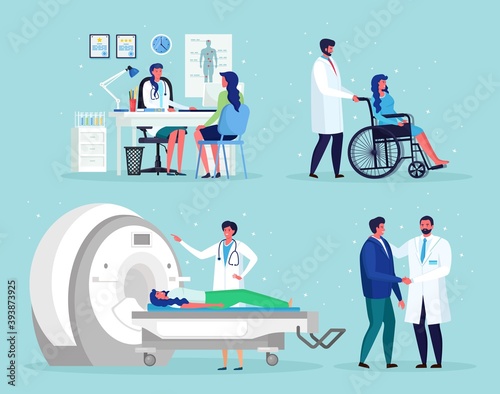 Doctor talks with man. Magnetic Resonance Imaging Technology Tomography, radiology, xray machine for examination for oncology disease MRI. Nurse, wheelchair for disabled senior patient