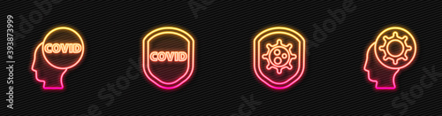 Set line Shield protecting from virus, Corona covid-19, and Human and. Glowing neon icon. Vector.