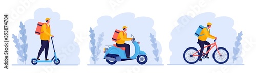 Free fast delivery service by bicycle, scooter, kick scooter. Courier delivers food order. Man travels with a parcel. Online package tracking. Express shipping. Vector design