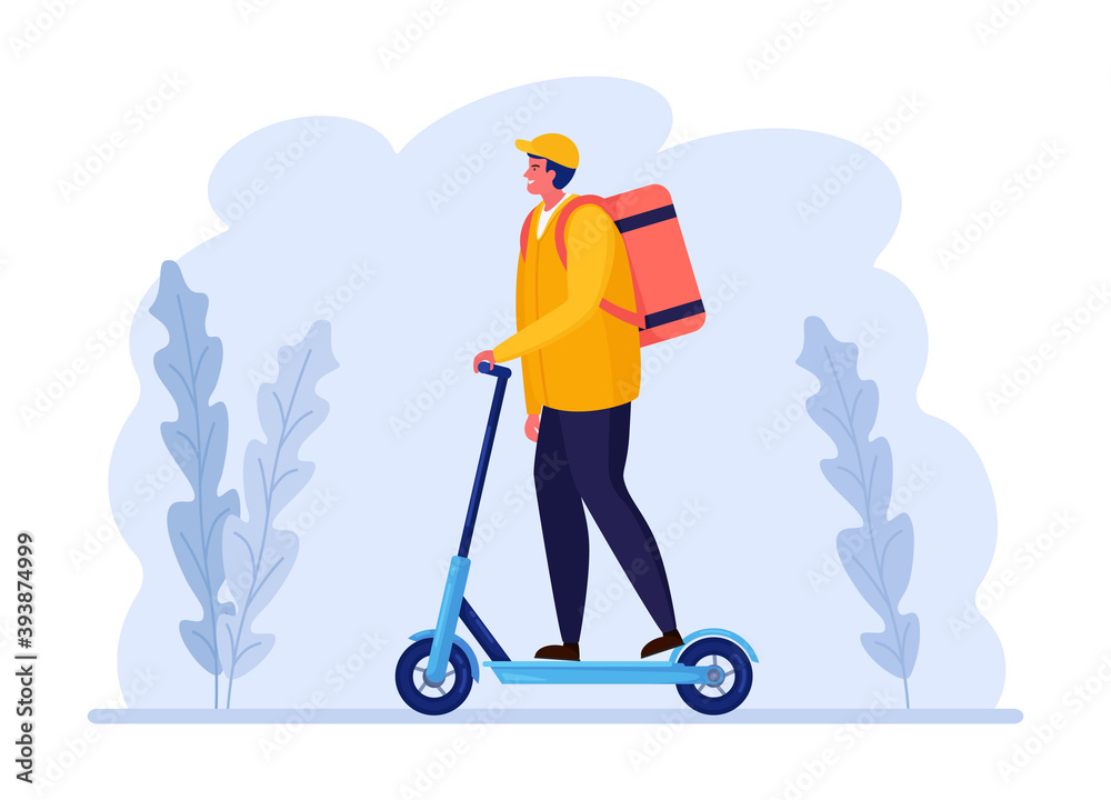 Free fast delivery service by kick scooter. Courier delivers food order. Man travels with a parcel. Express shipping. Online package tracking Free fast delivery service by kick scooter. Courier delivers food order. Man travels with a parcel. Express shipping. Online package tracking