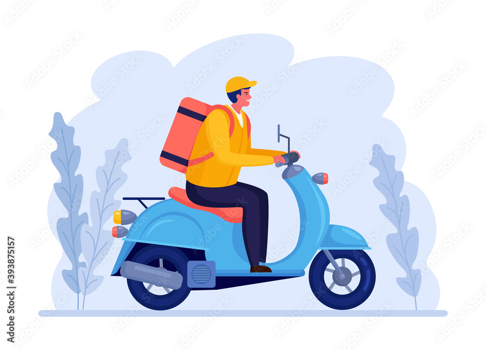 Free fast delivery service by scooter. Courier delivers food order. Man travels with a parcel. Express shipping. Online package tracking.
