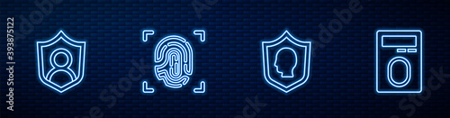 Set line User protection, , Fingerprint and with lock. Glowing neon icon on brick wall. Vector.