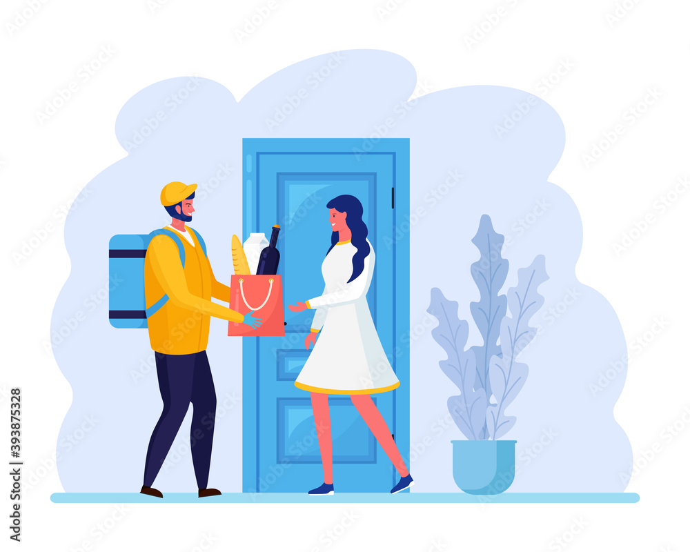 Guy delivers parcel to home door. Fast delivery service. Woman receives order food bag from the courier. Express shipping. Vectoor cartoon design Guy delivers parcel to home door. Fast delivery service. Woman receives order food bag from the courier. Express shipping. Vectoor cartoon design