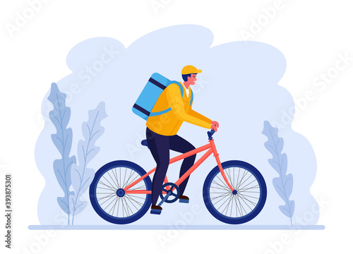 Free fast delivery service by bicycle. Courier delivers food order. Man travels with a parcel. Online package tracking. Express shipping.