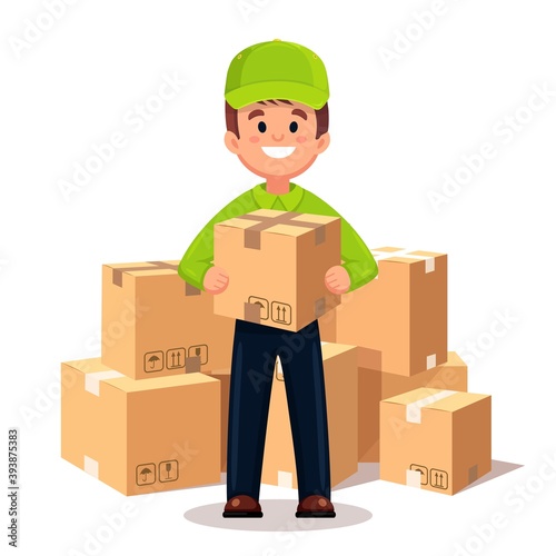 Delivery of goods. Courier with a box in his hands