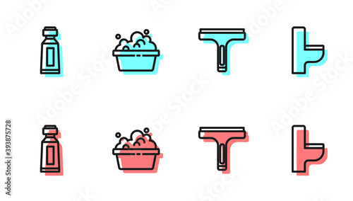 Set line Rubber cleaner, Tube of toothpaste, Basin with soap suds and Toilet bowl icon. Vector.