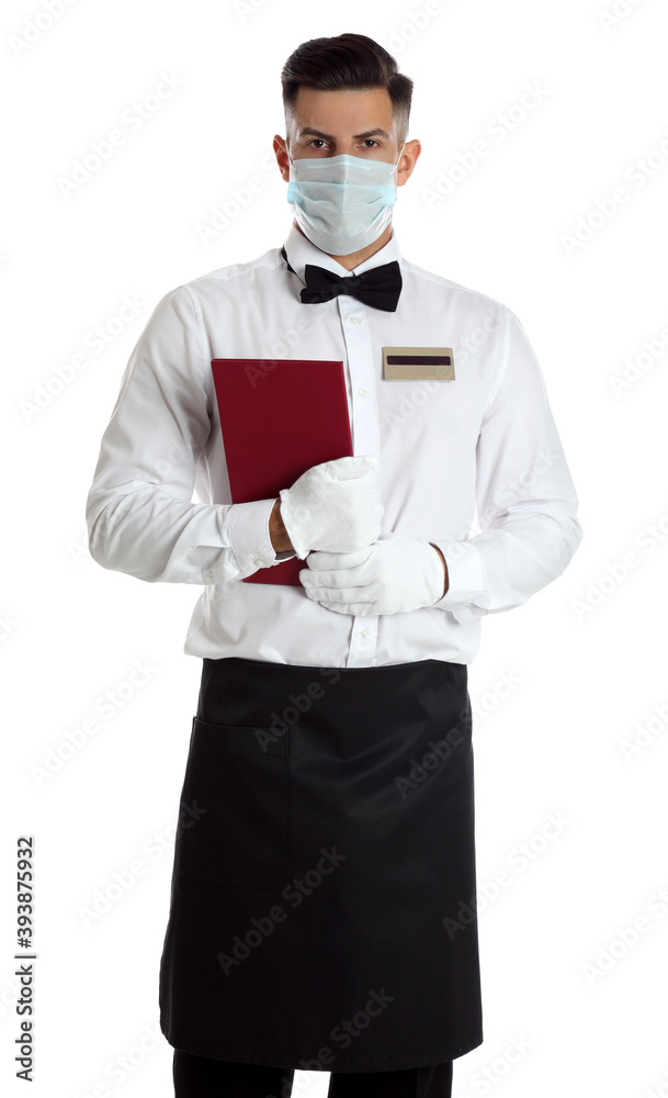 Waiter in medical face mask with menu on white background