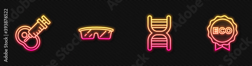 Set line DNA symbol, Genetically modified meat, Laboratory glasses and Label for eco healthy food. Glowing neon icon. Vector.