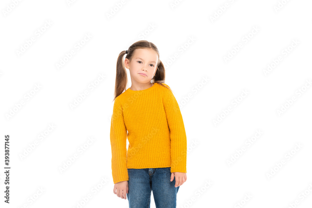 Fototapeta premium Sad kid looking away isolated on white