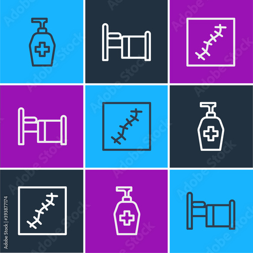 Set line Liquid antibacterial soap, Scar with suture and Hospital bed icon. Vector.