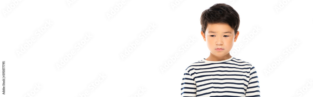 Upset asian boy looking away isolated on white, banner Upset asian boy looking away isolated on white, banner