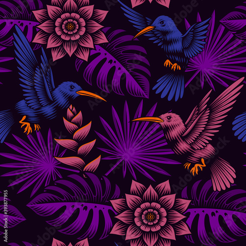 A tropical seamless pattern with beautiful exotic flowers and birds, this design can be used as a fabric print as well as for many other uses.