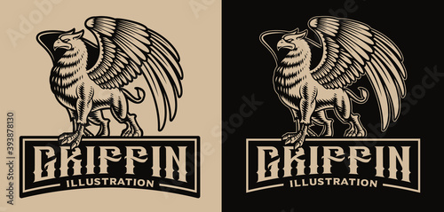 A black and white vector badge with a griffin, this design template can be used as a shirt print as well as for many other uses.