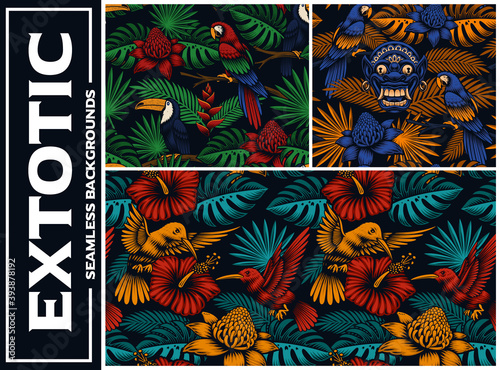 Set of colorful tropical seamless backgrounds, these designs can be used as fabric prints as well as for many other uses.