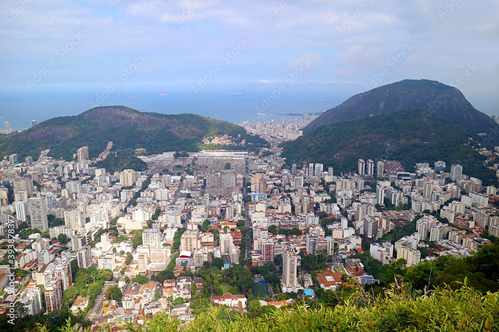 Panoramic aerial view of Rio de Janeiro downtown with the Atlantic ocean view from Colcovado hill, Brazil, South America