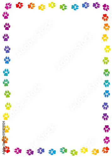 Dogs paw print frame. Rainbow colored dog track, colorful footprints. Isolated vector illustration on white background.
