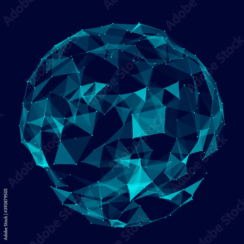 Blue sphere consisting of points, lines and triangles. Modern wireframe elements. Technology grid sphere.