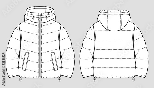 Cropped puffer winter down coat. Women oversized quilting jacket. Vector technical sketch. Mockup template.