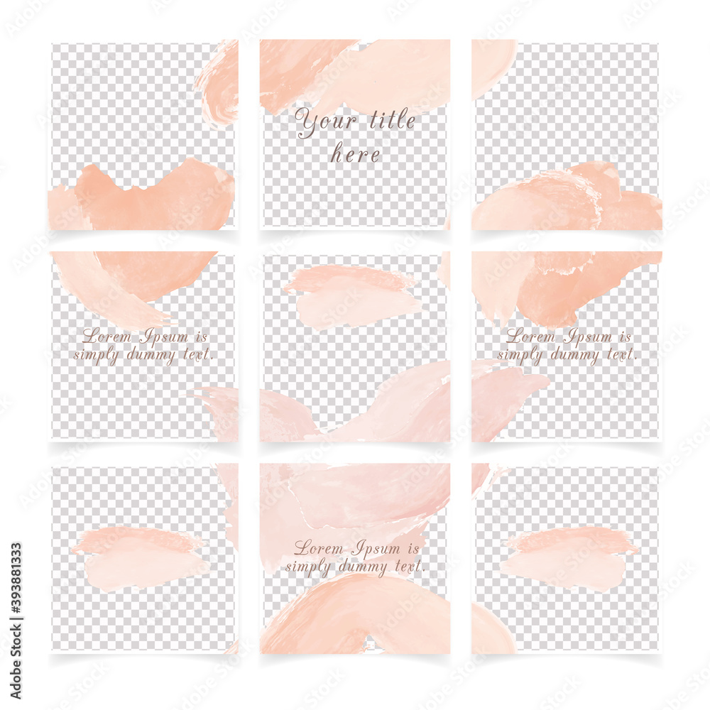 Square pink instagram social media posts templates set with place for photo. Abstract backgrounds in minimal style with pastel pink brush strokes for social media posts, mobile apps, sale web banners