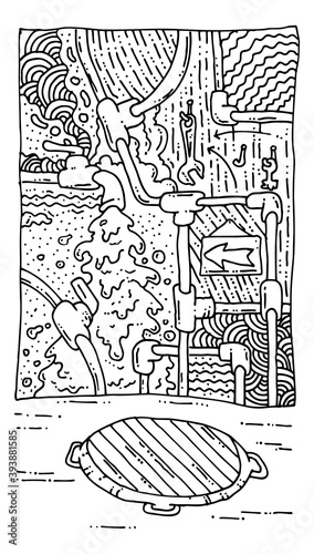 Sewerage system in the basement of the house. Cute doodle for postcard or poster