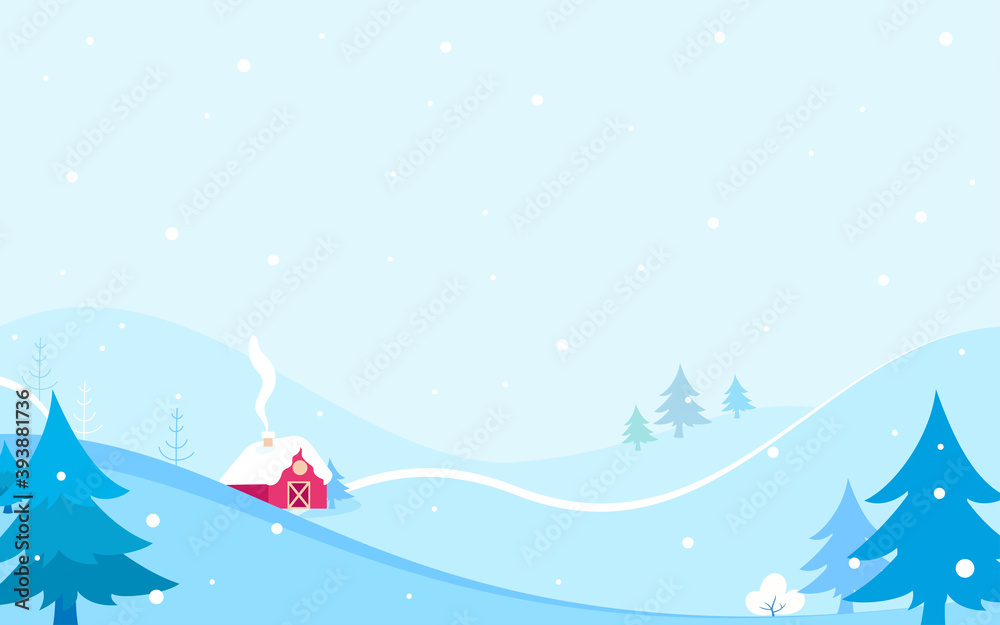 Winter landscape vector illustration. Red cabin in the snow with copy space