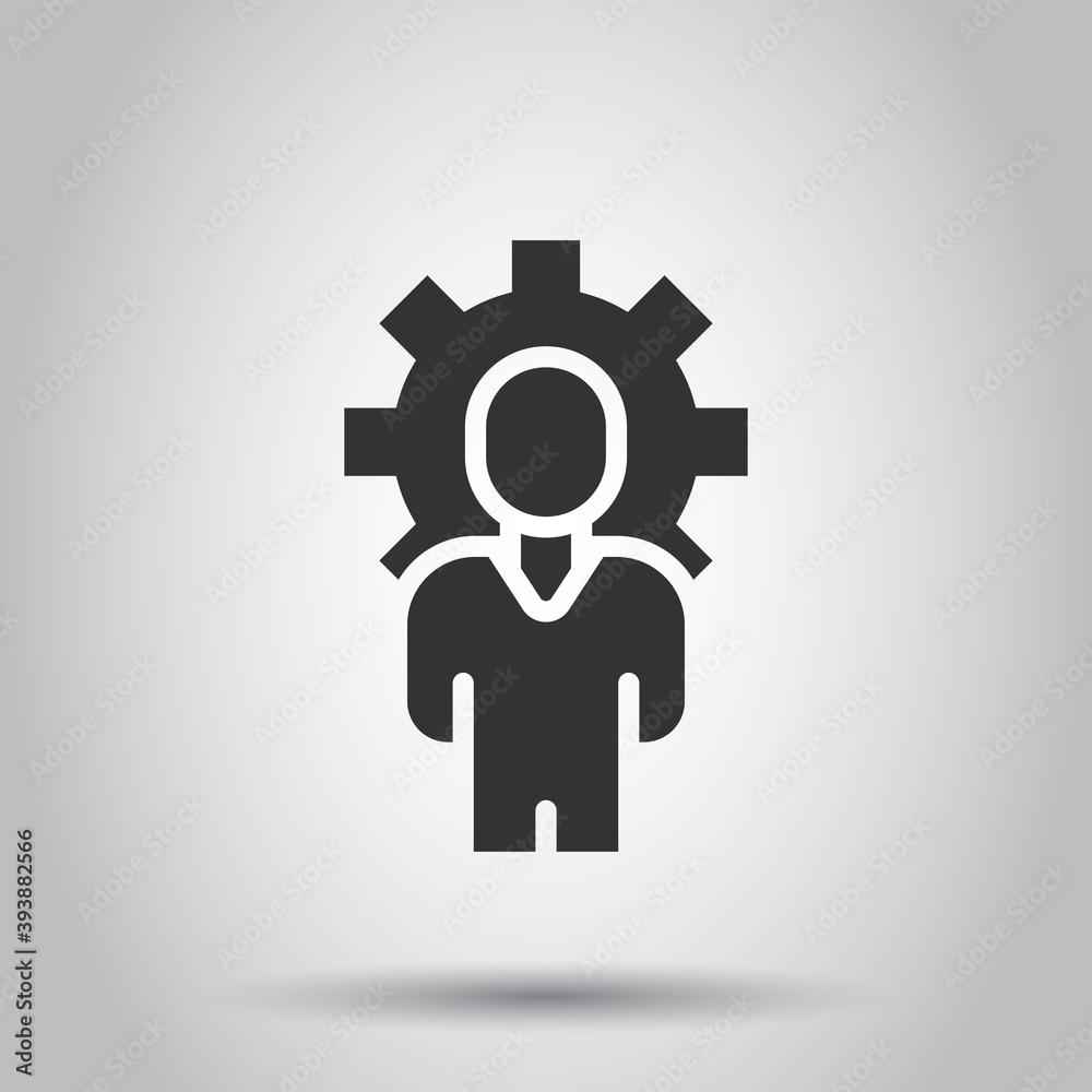 People with gear icon in flat style. Person cogwheel vector illustration on white isolated background. Teamwork business concept. People with gear icon in flat style. Person cogwheel vector illustration on white isolated background. Teamwork business concept.