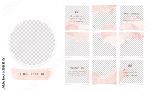 Set of editable minimal square instagram social media posts templates. Abstract background with pastel pink brush strokes. Suitable for social media posts, puzzle feed, mobile apps, sale web banners