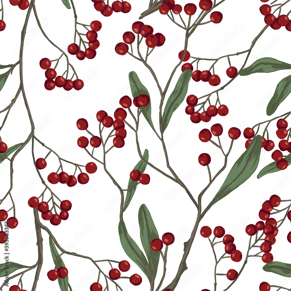 Winterberry, holly berries on branches hand drawn vector seamless pattern. Colored botanical background. Wallpaper with vintage drawing. Abstract design for prints, card, decor, wrap, fabric, textile.