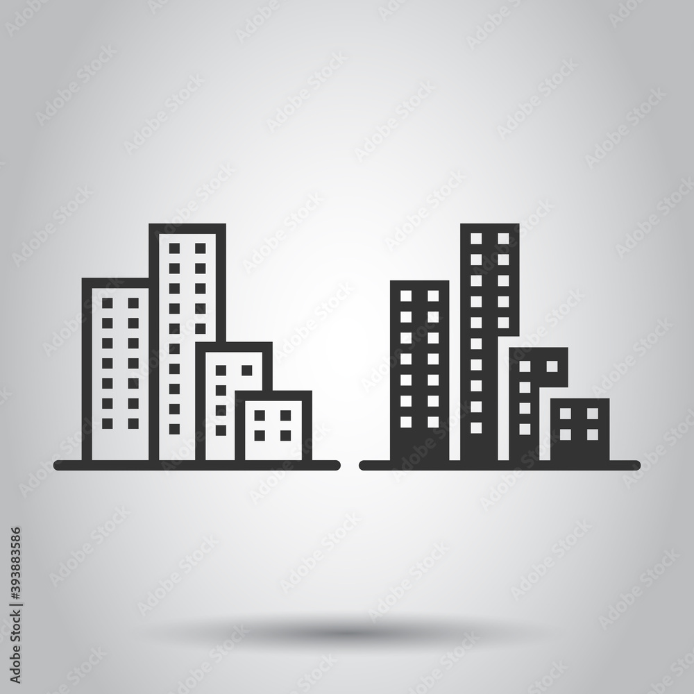 Building icon in flat style. Town skyscraper apartment vector illustration on white isolated background. City tower business concept. Building icon in flat style. Town skyscraper apartment vector illustration on white isolated background. City tower business concept.