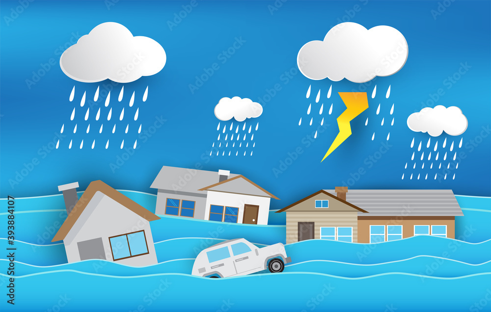 Naklejka premium Flood natural disaster with house, heavy rain and storm , damage with home, clouds and rain, flooding water in city, Flooded house.