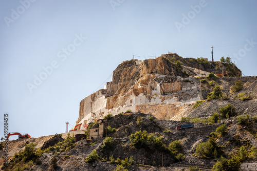 Outdoor quarry of white Carrara marble on the Apuan Alps (Alpi Apuane), Tuscany, Italy, Europe.