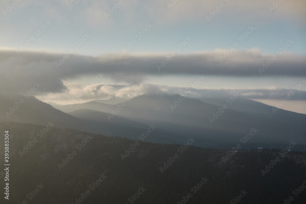 La Maliciosa, La Bola del Mundo, Navacerrada, La Pedriza, El Yelmo and the oak forests in autumn in the Sierra de Guadarrama National Park. Madrid's community. Spain