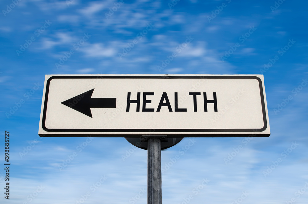 Health road sign, arrow on blue sky background. One way blank road sign with copy space. Arrow on a pole pointing in one direction. Health road sign, arrow on blue sky background. One way blank road sign with copy space. Arrow on a pole pointing in one direction.