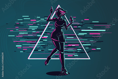 Young girl silhouette with glitch style effect. Dancing woman modern style illustration. Female hologram digital art. Cyberpunk illustration.