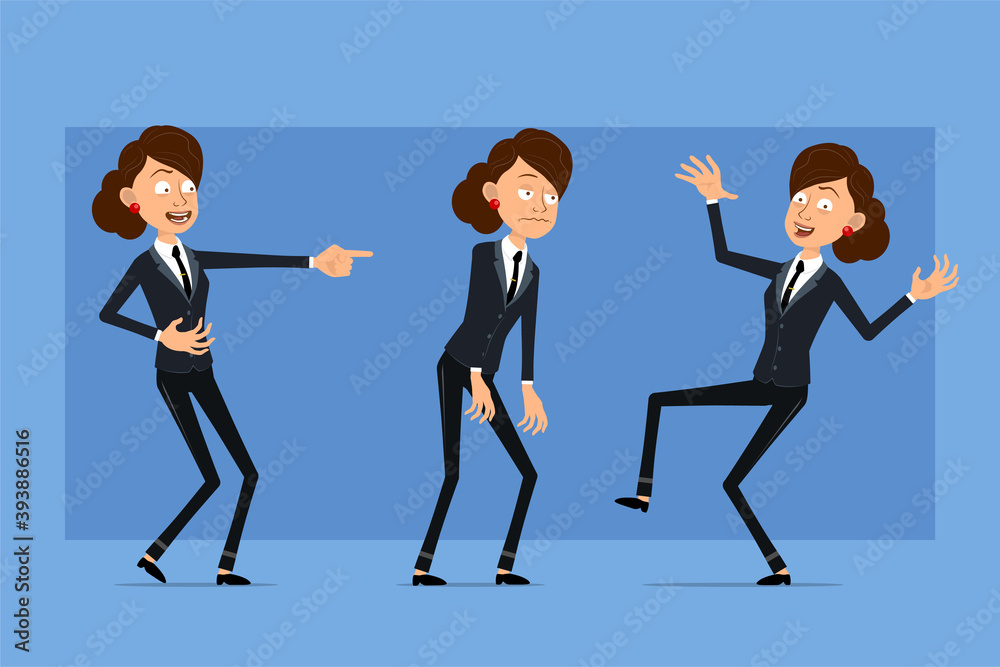 Fototapeta premium Cartoon flat funny business woman character in black suit with black tie. Girl sad, tired, laughing and dancing or jumping. Ready for animation. Isolated on blue background. Vector set.