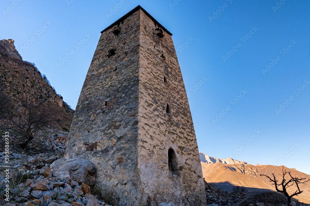 View of medieval Tower Fortress Abay-Kala in Northern Caucasus, Russia