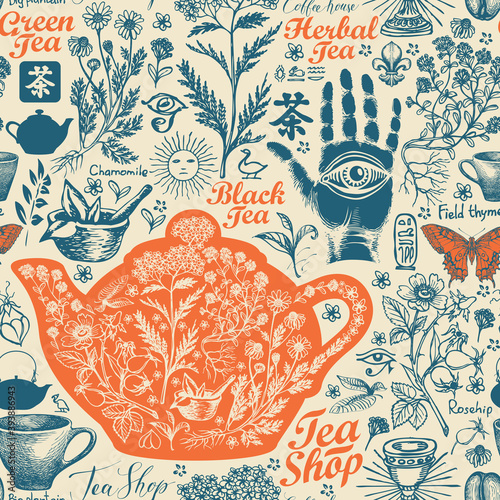 Hand-drawn seamless pattern on the theme of tea and tea shop with sketches. Old-fashioned decorative background with herbs. Suitable for vector Wallpaper, wrapping paper, fabric. Chinese character tea