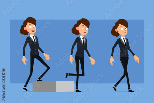 Cartoon flat funny business woman character in black suit with black tie. Successful tired girl walking up to his goal. Ready for animation. Isolated on blue background. Vector set.