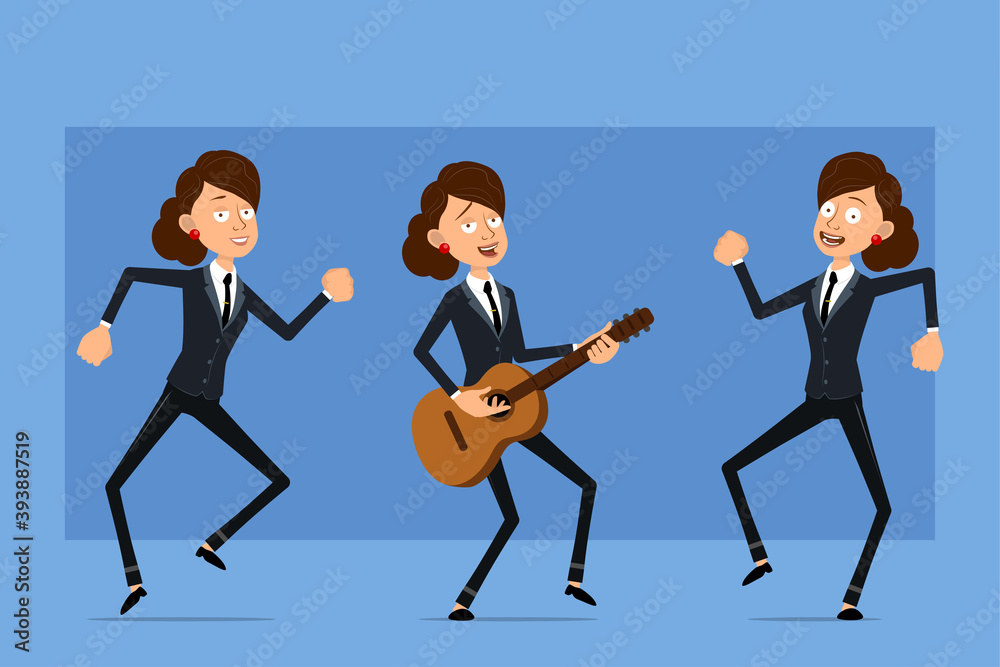 Cartoon flat funny business woman character in black suit with black tie. Girl jumping, dancing and playing rock on guitar. Ready for animation. Isolated on blue background. Vector set. Cartoon flat funny business woman character in black suit with black tie. Girl jumping, dancing and playing rock on guitar. Ready for animation. Isolated on blue background. Vector set.