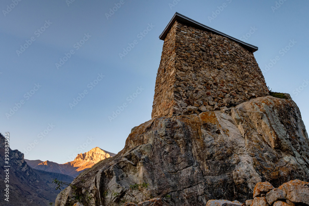 View of medieval Tower Fortress Amirkhan-Kala in Northern Caucasus, Russia