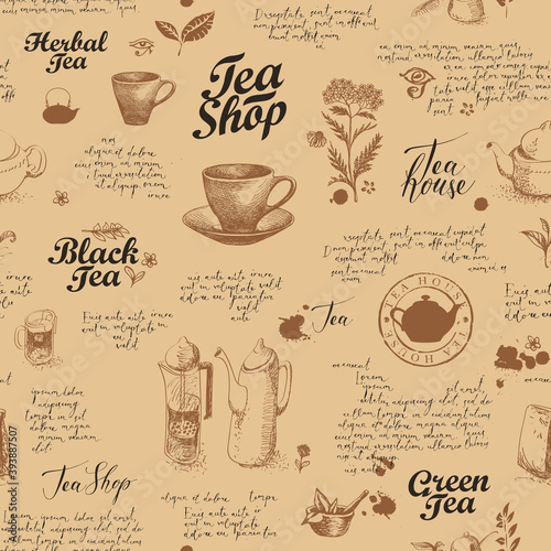 Seamless pattern on the theme of tea and tea shop with sketches, inscriptions and handwritten text lorem ipsum. Vector abstract background with hand-drawn herbs. Wallpaper, wrapping paper, fabric
