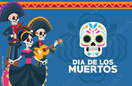 dia de los muertos celebration card with skeletons group and skull painted