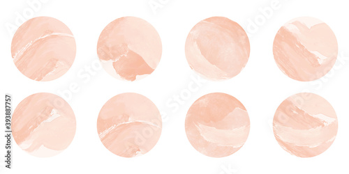Peach watercolor story highlight cover icons set. Abstract pastel peach watercolor circle backgrounds. Feminine story highlight covers for social media