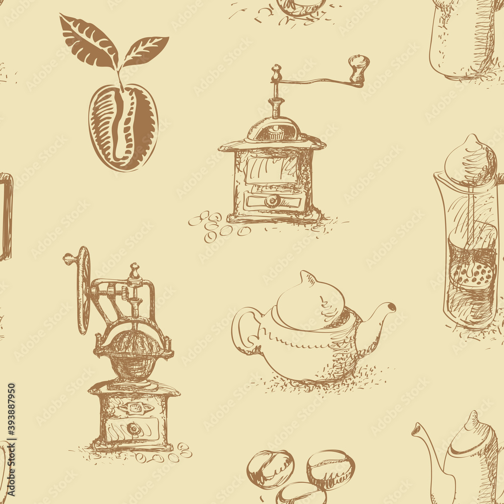 Hand-drawn seamless pattern on the tea and coffee theme. Vector repeatable background with sketches on an old paper backdrop in vintage style. Suitable for retro wallpaper, wrapping paper, fabric