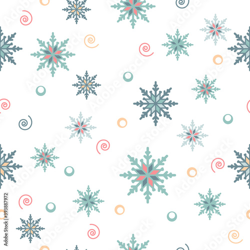 Snowflakes Seamless Pattern White background Blue and Peach color