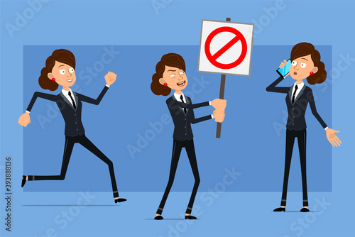 Cartoon flat funny business woman character in black suit with black tie. Girl talking on phone and holding no entry stop sign. Ready for animation. Isolated on blue background. Vector set. © GB_Art