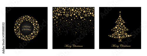 Pack of greeting cards with gold Christmas  deer, gifts, snowflakes, christmas tree on black background. Vector illustration. Gold holiday pattern